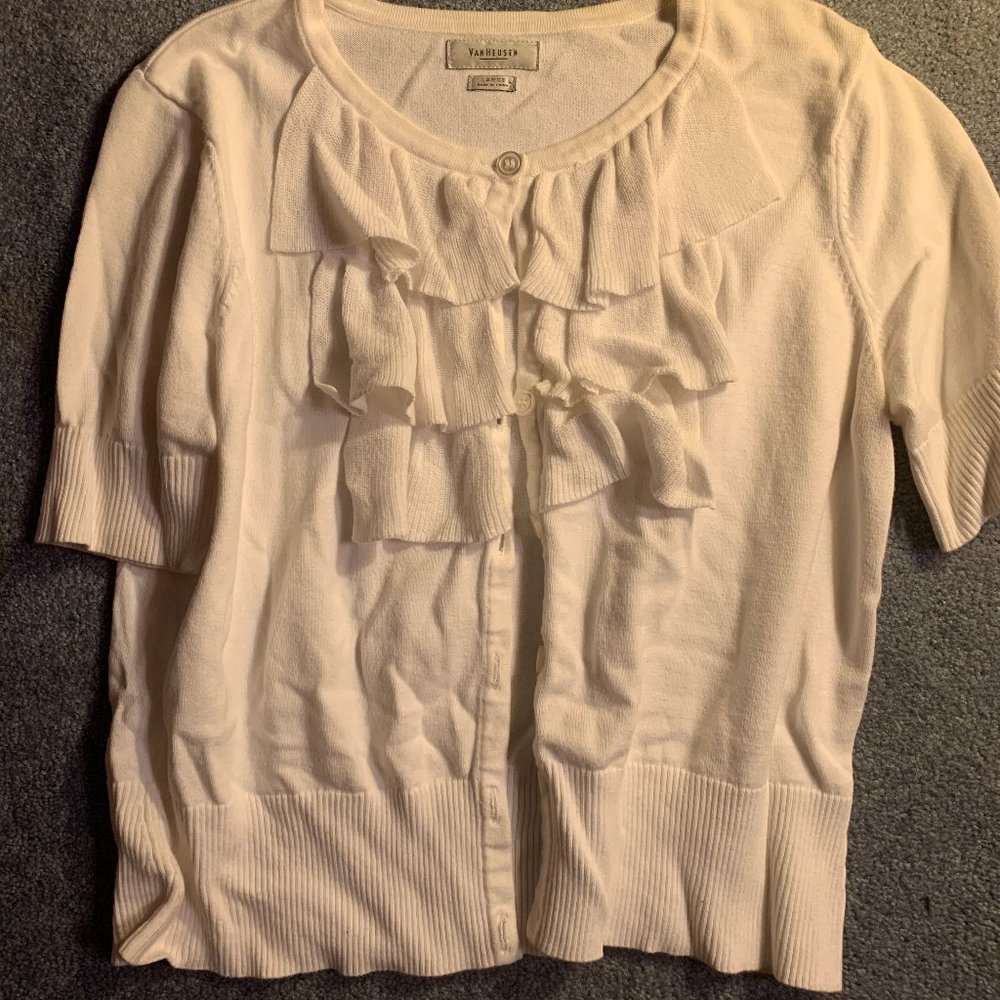 White short sleeve cardigan with front ruffles
